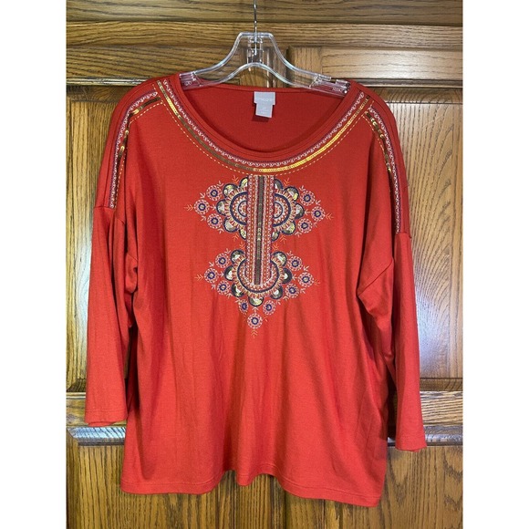 Chico's 2P (LP/12) Embroidered Burnt Orange Boho 3/4 Sleeve Shirt Sequins *Read - Picture 5 of 12